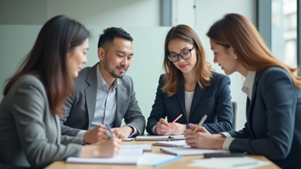 Team of diverse professionals collaborating around table with notebooks and coffee, engaged in discussion, natural workplace lighting