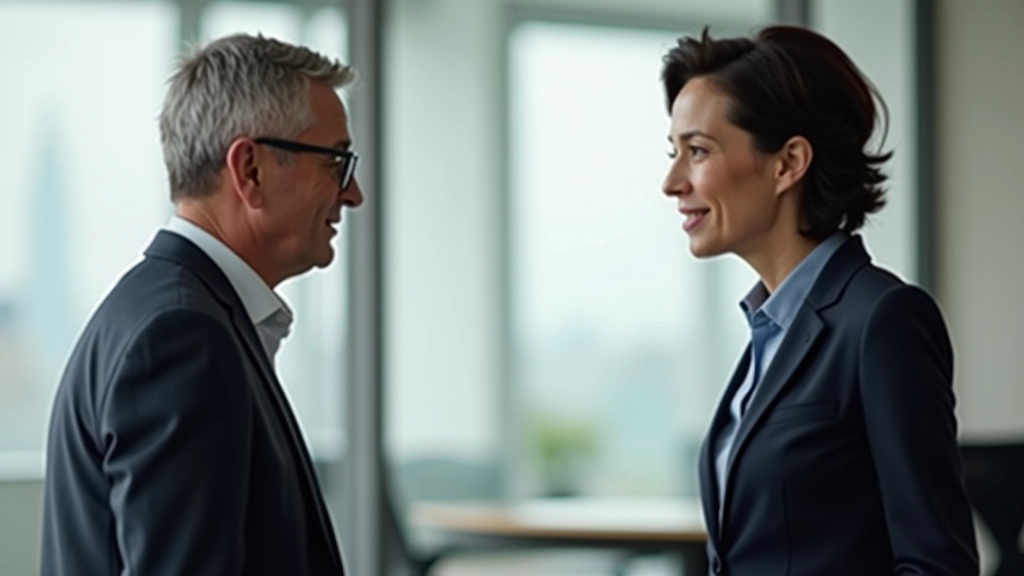 Two professionals in discussion, man aged 35-40 and woman aged 30-35 in business setting, engaged conversation, natural office environment with natural lighting