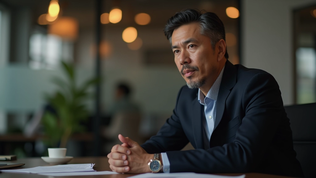 Professional man manager aged 40 at desk, upper body, listening to colleague during meeting