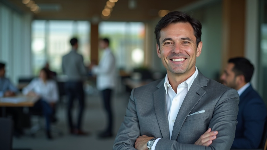 Man aged 45-50 in business setting, professional attire, confident pose, sitting at conference table with colleagues visible in background, modern workplace environment