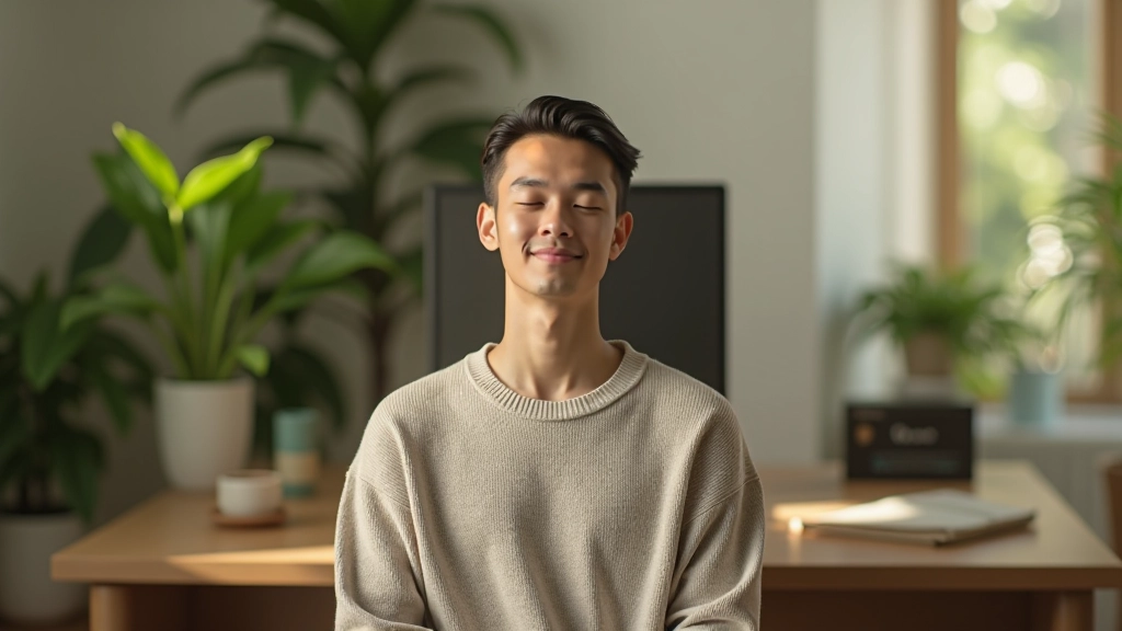 Person meditating in peaceful workspace with plants and soft lighting, hands resting in lap position