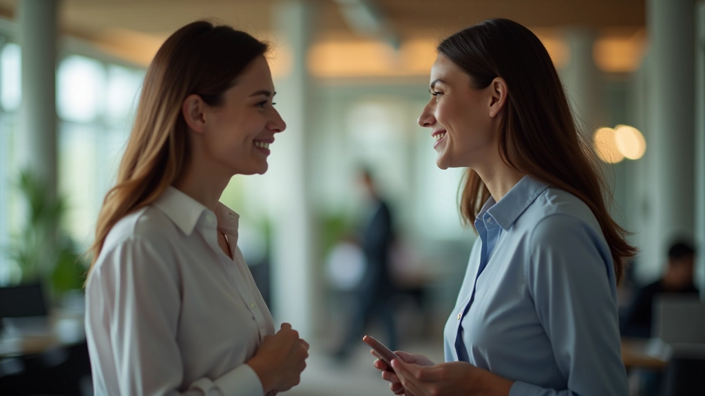 Two colleagues having positive conversation at office, relaxed and smiling