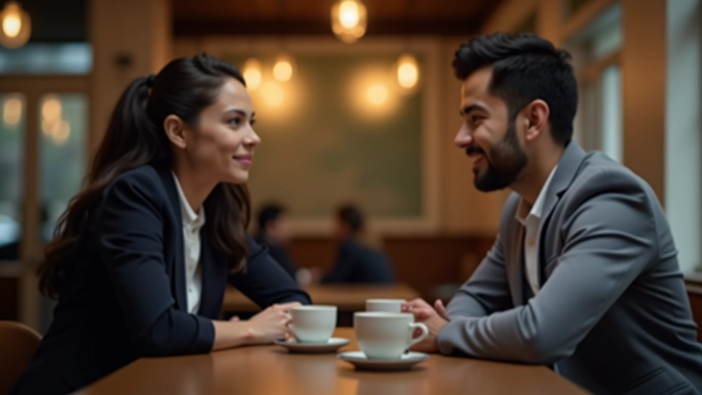 Professional mentor and mentee in casual meeting, having discussion with coffee cups on table