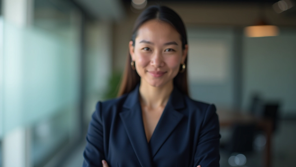 Professional woman manager in blazer, upper body portrait, office background, confident expression